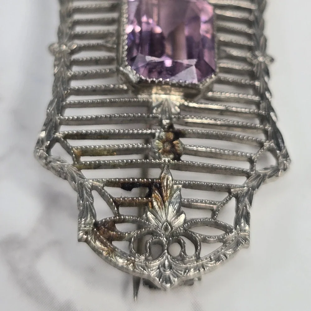 Antique Art Deco Sterling Silver Filigree Purple Crystal Bar Brooch CKB Pin 5.5g
